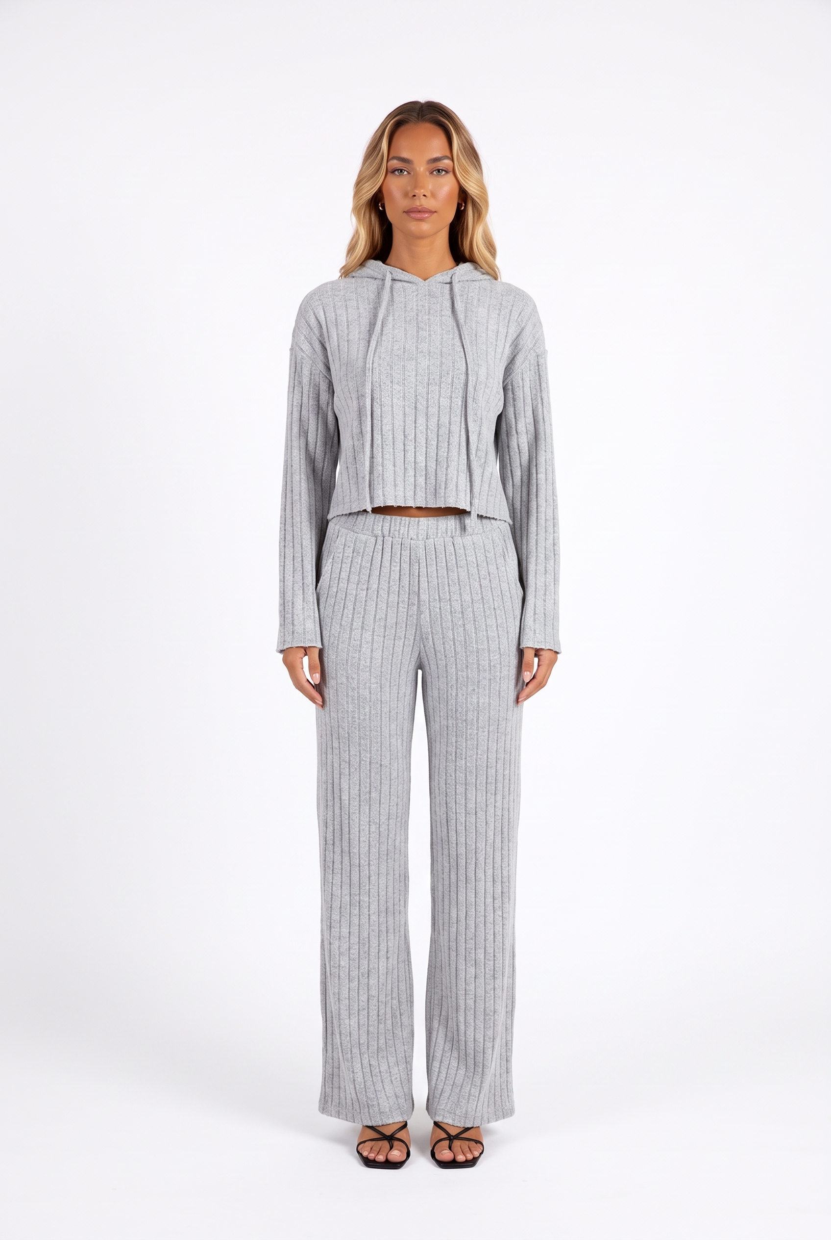 Heather grey rib-knit cropped hoodie and wide-leg trouser set — front