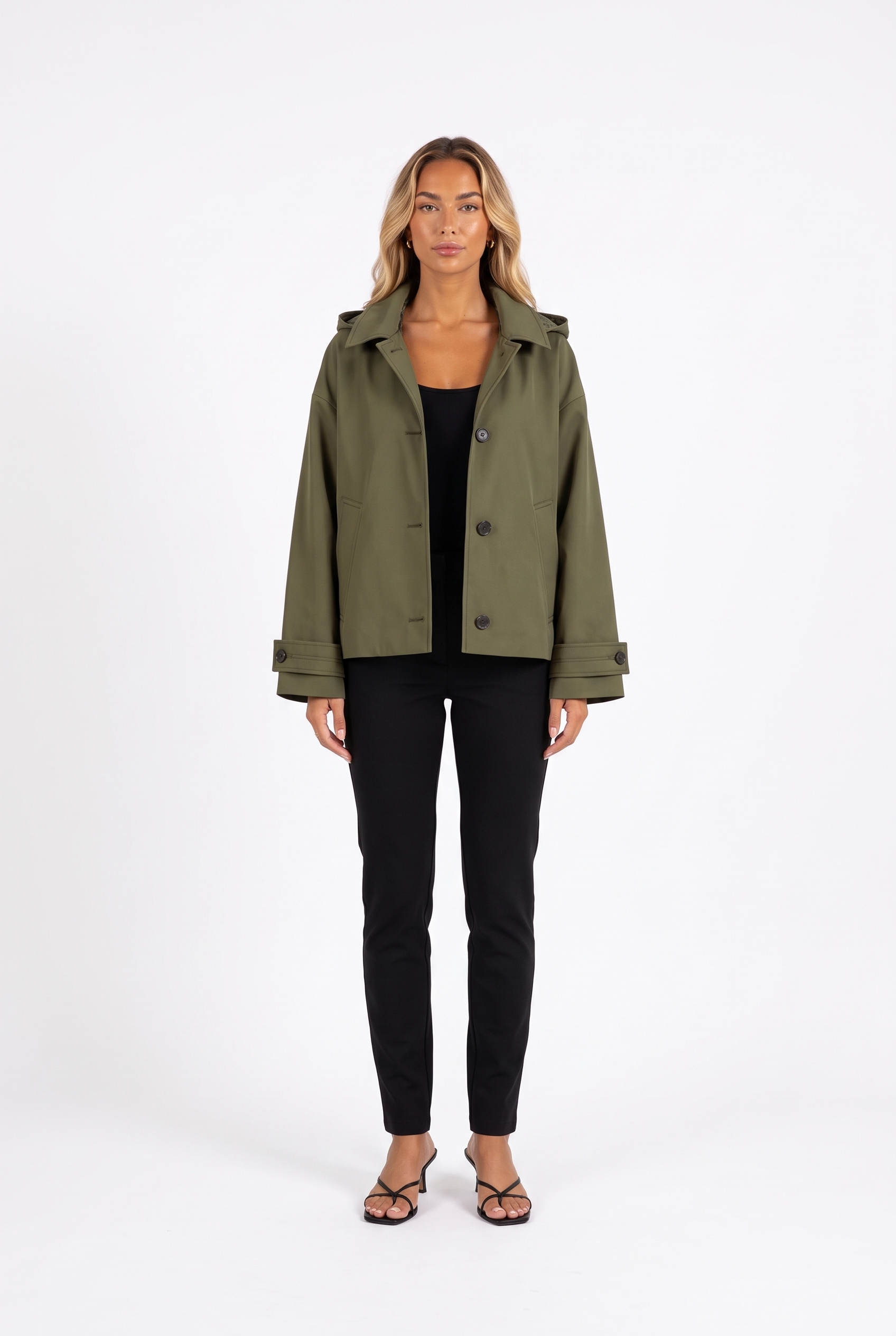 Army green oversized hooded cotton-twill jacket — front